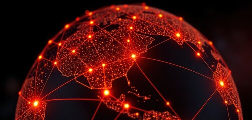 Poster - Global network visualization. Earth sphere shows connections between continents. Orange glowing data points, lines represent global communication. Digital tech illustration. Futuristic global