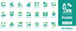 © Design Squirrel - Park Icon Set. Features editable icons for park symbols, nature, outdoor, recreation, leisure, landscape, and more. Perfect for travel websites, tourism boards, and outdoor recreation businesses.