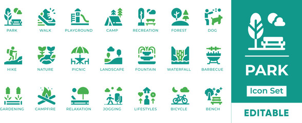 park icon set. features editable icons for park symbols, nature, outdoor, recreation, leisure, lands
