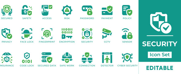 Wall Mural - Security Icon Set. Features editable icons for security symbols, safety, protection, privacy, cybersecurity, and more. Perfect for cybersecurity professionals, IT professionals, and businesses.