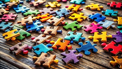 Wall Mural - Vibrant Jigsaw Puzzle Pieces on Rustic Wood - Colorful Abstract Photography