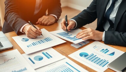 Poster - Business partners review financial documents during meeting. Analyze performance charts, graphs. Collaboration, decision-making crucial for business strategy. Partners discuss economic budget,