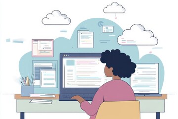 Poster - A person using cloud technology to transfer and store data on multiple devices, with icons of clouds floating above their laptop screen in the background Generative AI