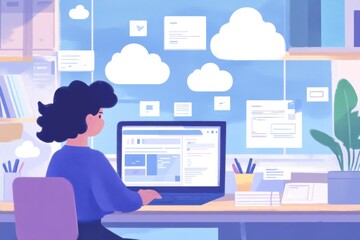 Poster - A person using cloud technology to transfer and store data on multiple devices, with icons of clouds floating above their laptop screen in the background Generative AI
