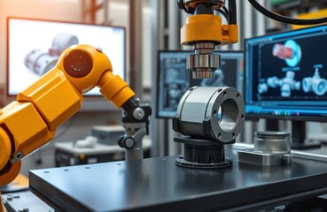 Poster - Industrial 3D scanner measures mechanical part for quality control. Automated system performs precise measurements. Advanced tech improves accuracy. Factory environment shows development, precision.