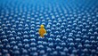 © Maryna - Yellow figure stands out in sea of blue figures. Unique individual stands apart from crowd. Visual represents finding talent in HR, concept of diversity, inclusion in business setting. Yellow figure