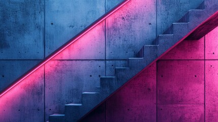 Poster - Concrete staircase enhanced with neon lights in vibrant colors. Generative AI