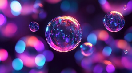 Poster - Colorful bubbles floating in neon lights at a nighttime celebration. Generative AI