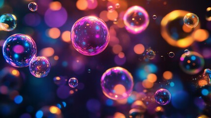 Poster - Bubbles illuminated in vibrant neon hues against a dark background. Generative AI
