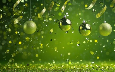 Wall Mural - A dynamic festive backdrop with floating metallic ornaments, LED ribbons, and sparkling confetti on a deep lime green surface
