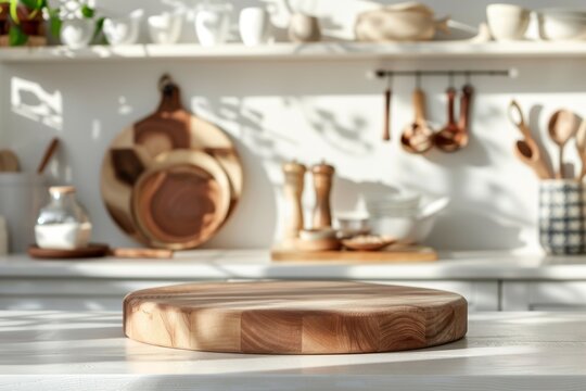 Wooden cutting board against a bright, modern kitchen backdrop. Kitchen podium background for food product. Ideal for culinary websites, blogs, decor.