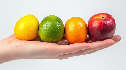 Wall Mural - Hand holding various different fruits isolated on white background. organic fresh healthy natural diet, sweet summer ripe vitamin nutrition, raw vegetarian snack freshness.