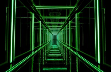 Aufkleber - futuristic neon green corridor. empty hallway with glowing green lines. modern architecture. dark ba