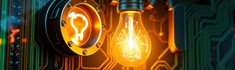 Poster - Glowing bulb protected by metallic shields. Idea protection concept. Futuristic tech design. Intellectual property security emphasized. Modern tech illustration. Protective measures around