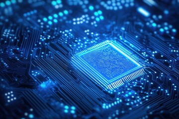 Poster - A close-up of an advanced microchip on a circuit board, glowing with blue lights and intricate patterns, symbolizing high-tech innovation in a data center or computer system design concept