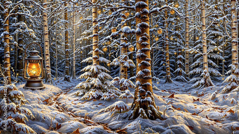 Lantern glowing in a snowy forest with tall trees and a winding path ...