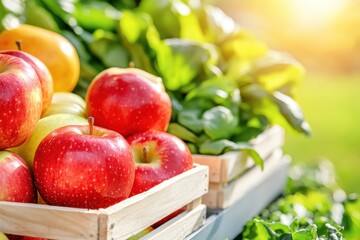 Wall Mural - Vibrant fruit market showcasing fresh red apples and leafy greens under bright sunlight