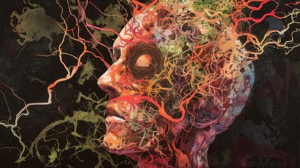 Aufkleber - Artistic representation of a neural network, featuring vivid abstract patterns and entangled structures, symbolizing complexity and creativity. AI generated.