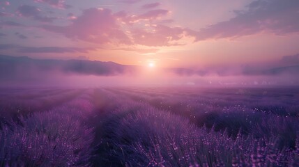 Wall Mural - a dreamy purple lavender field at sunrise with mist softly covering distant rows,