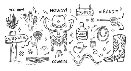 A vector set with a cowgirl, a revolver, a cactus, a cowboy boot, a rose, whiskey, a rope, a pointer to the Wild West and a snake. Lettering and inscriptions. Hand-drawn doodle illustrations