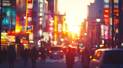 Canvas Print - Blurred city street at sunset, bokeh effect, people walking, cars, buildings, vibrant colors.