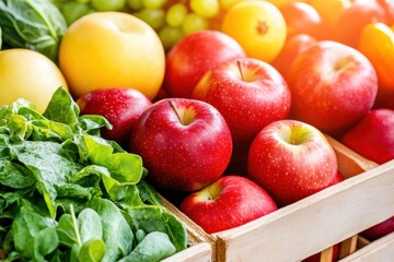 Wall Mural - Vibrant fruit market showcasing bright red apples and fresh leafy vegetables under warm sunlight in a bustling outdoor setting