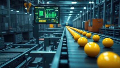 Poster - Automated quality control system inspects products on assembly line. AI tech identifies defects in real-time. Modern factory setting. Yellow products move on conveyor belt. Advanced tech ensures