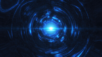 Poster - A futuristic tunnel with blue light radiating from the center, giving a cyberpunk and high-tech ambiance with glowing, circular energy waves background