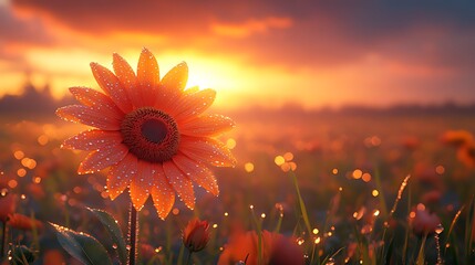 Wall Mural - Dew-covered orange sunflower at sunset in a field.