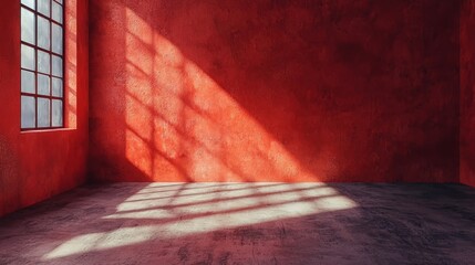 An empty room with a red wall and a window