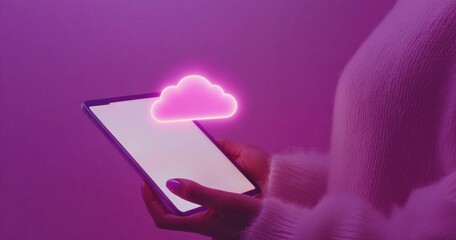 Poster - a hand holding a phone with a glowing cloud icon on a purple background, representing the concept of