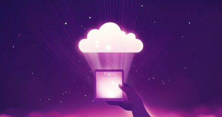 Poster - a hand holding a tablet with a glowing cloud symbol on a purple background, a technology concept for