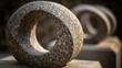 © milenialdesastudio - Close-up of two grey stone sculptures with oval openings, outdoors in sunlight.