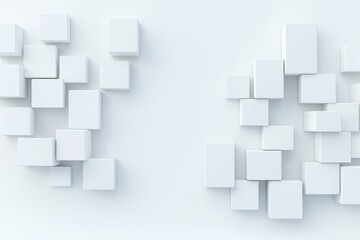 Poster - A soft white abstract stage in an elegant, futuristic geometric style, featuring simple lines, corners, and polygons as a background, with a white wooden shelf for advertisements and product