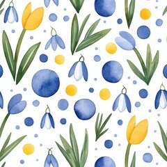 Poster - A watercolor seamless pattern featuring an abstract floral design with flowers, geometric shapes, and golden accents on a white background. This hand-drawn illustration showcases mixed media art.