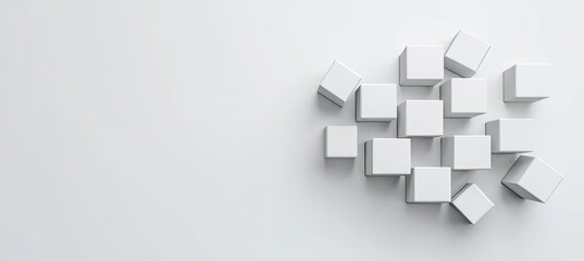 Poster - A bright, abstract geometric wall featuring white squares and cubes, designed as a banner illustration with glowing lights and textured wallpaper.