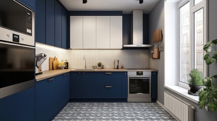 Modern navy blue and white kitchen interior design.