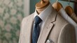 © Kristina - A close-up of a groom's attire featuring a tailored suit, crisp white shirt, and a stylish tie, elegantly displayed on a hanger against a soft background, highlighting the details of the outfit.