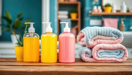 Colorful plastic shampoo, soap bottles displayed on wooden table in bathroom setting. Soft pastel colors. Towels neatly stacked nearby. Fresh, clean interior design style. Perfect for spa hotel