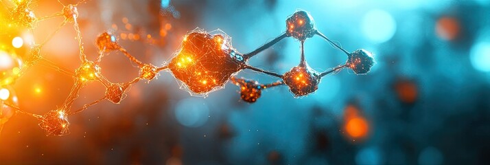 Poster - Abstract depiction of molecular structures with glowing elements in blue and orange hues.