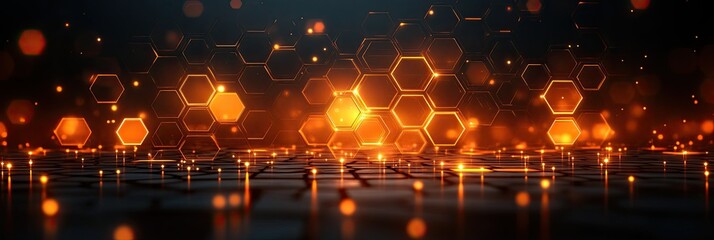 Poster - Abstract digital background with glowing hexagons and sparkles.