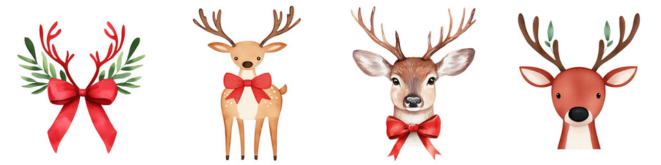 Wall Mural - Christmas reindeer motifs with bows and festive decorations for joy, isolated on transparent background.