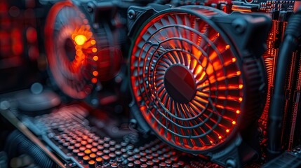 Poster - Close-up of computer cooling fans with red lighting in a high-tech environment.