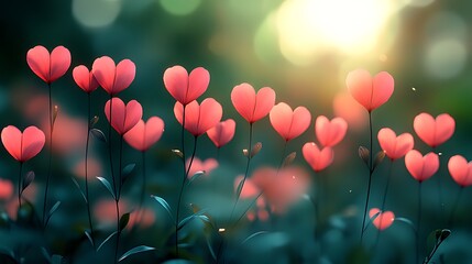 Wall Mural - Heart-shaped flowers in a sunlit field.