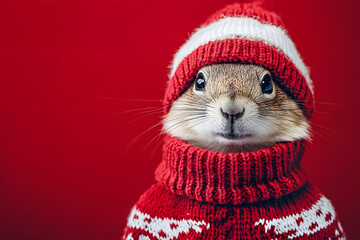 marmot wearing winter sweater and hat on red background