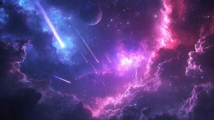 Wall Mural - Celestial scene featuring planets, shooting stars, and ethereal nebulae
