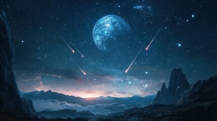 Wall Mural - Celestial scene featuring planets, shooting stars, and ethereal nebulae