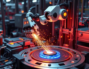 Poster - Futuristic robotic arm works in high-tech manufacturing process. Precision assembly line operation with sparks flying. Advanced tech, automation showcase industrial revolution innovations. Quality
