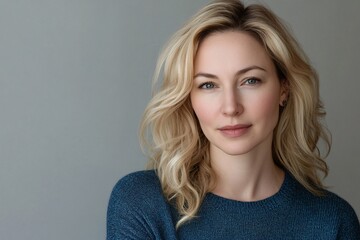 Wall Mural - A close-up of a Ukrainian blonde model in her early 30s, wearing a blue sweater with small crystals, sharp studio lighting, glowing, soft expression 3