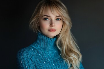 Wall Mural - A Ukrainian blonde model, early 30s, wearing a bright blue sweater adorned with small crystals, standing in a fully lit studio, graceful pose, stylish 2